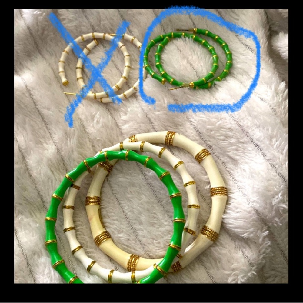 Lot of Bracelets and Green Earrings. Gold Enamel Bamboo. One marked Lilly.